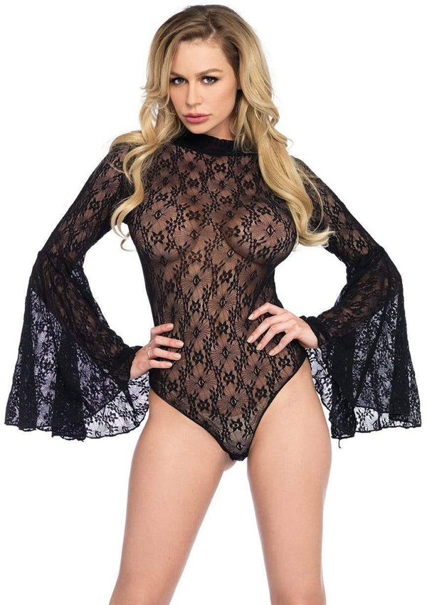 HIGH NECK STRETCH LACE BELL SLEEVE BODYSUIT WITH KEYHOLE BACK AND SNAP CROTCH THONG PANTY