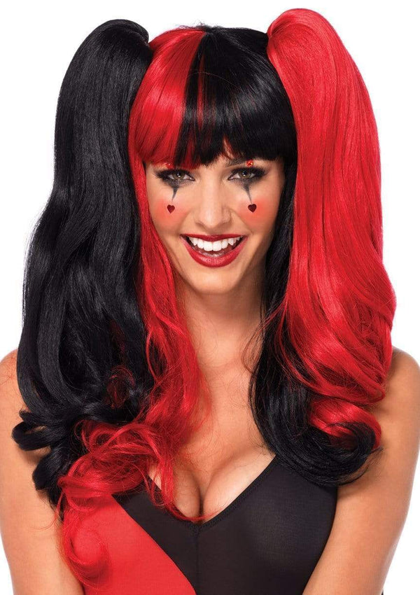 LEG-A2711 / HARLEQUIN WIG WITH CLIP ON PONY TAILS AND ADJUSTABLE STRAP BLACK RED