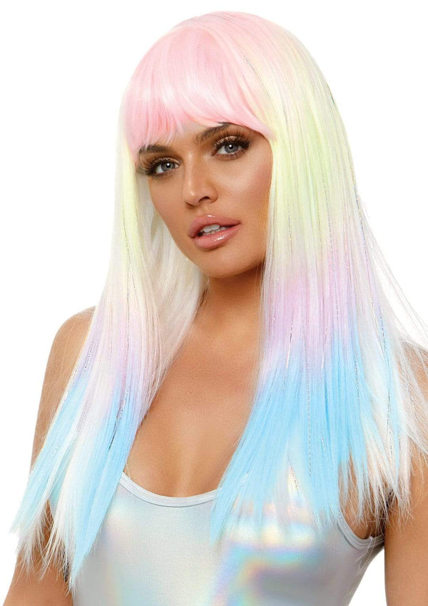 24" STRAIGHT BANG PASTEL OMBRE WIG WITH TINSEL.